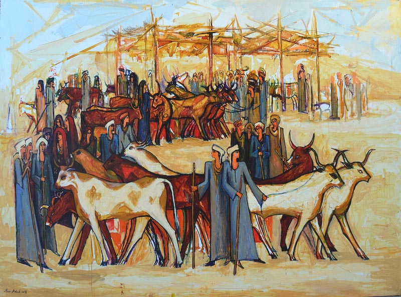 Alaa Awad painting- The Cattle Market - Oil on Canvas, 180x140 cm, 2018