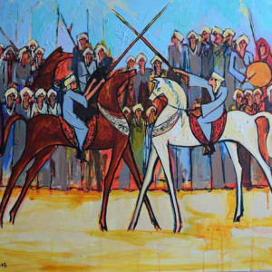 Alaa Awad - painting The fencing Elmermah, 100 x 70 cm, Acrylic on canvas, 2018