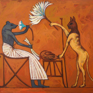 Alaa Awad painting - Cat & Mouse - Oil on Canvas, 100x80 cm, 2013